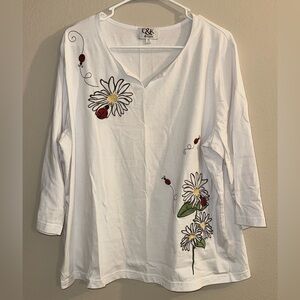 C&k Designs Womens Sz 1X Embroidery White Daisy & Ladybug 3/4 Sleeve T-shirt Top